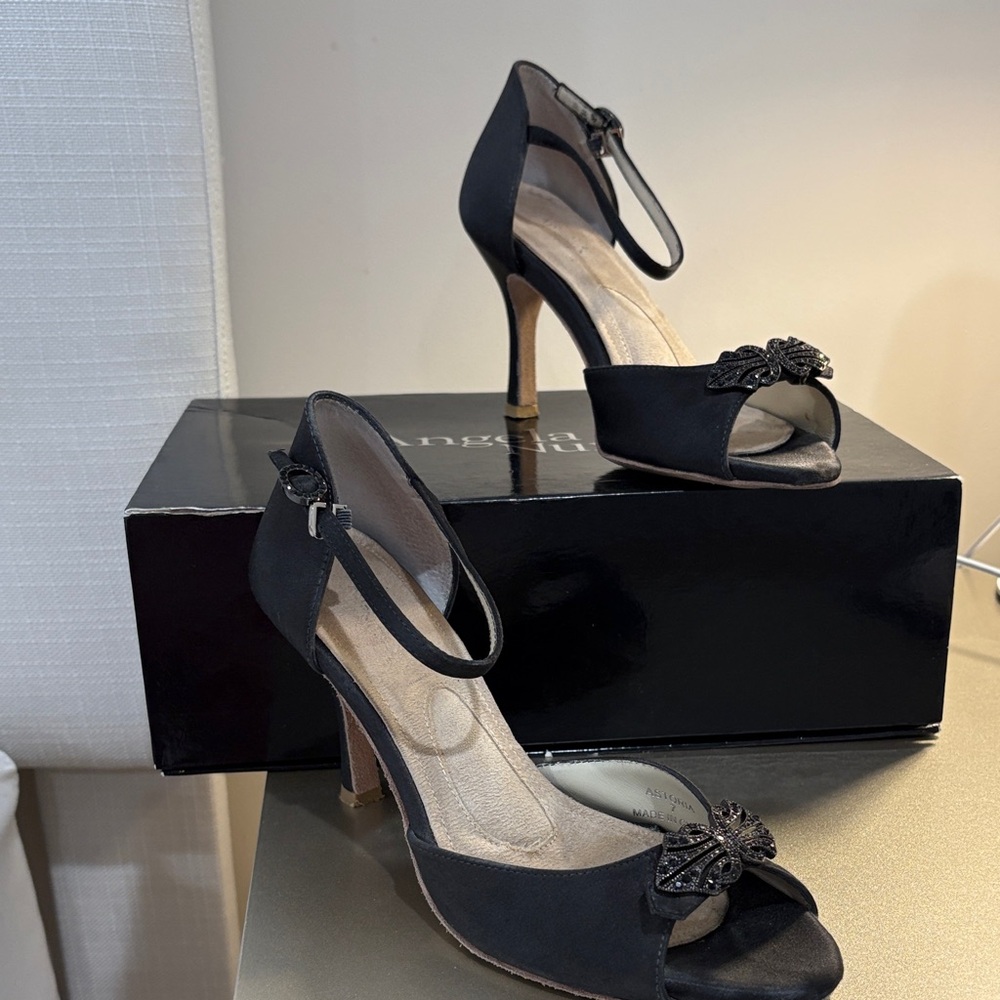 ANGELA NURAN Black Ankle-Strap Peep-Toe Heels with Embellishment